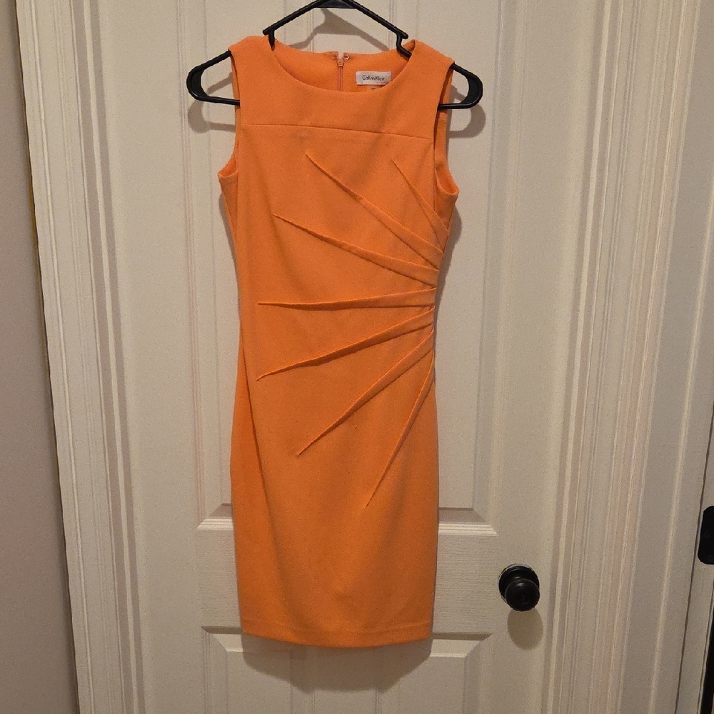 Calvin Klein Orange Asymmetrical Ruched Sheath Dress
